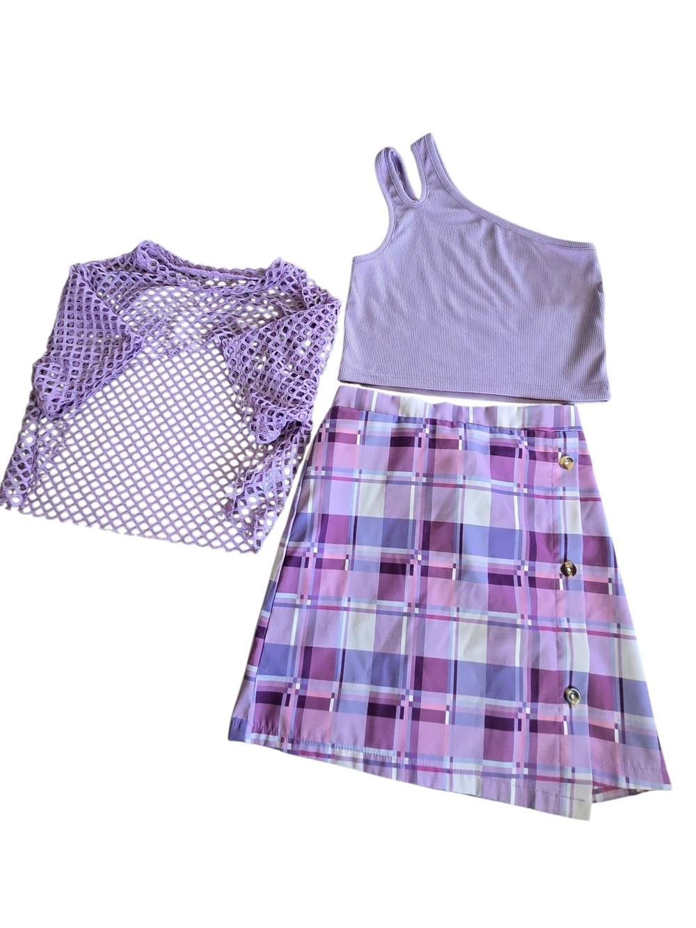 Lilac Plaid Kids Matching Set — 3-Piece Tank, Mesh Top & Skirt